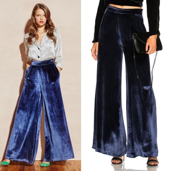 Fleur du Mal Velvet Wide Leg Pants Navy Blue Luxe Holiday...